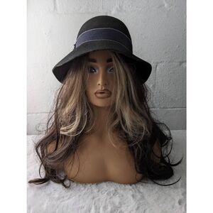 So Patricia by Patricia Underwood NY Black Wool Felt Cloche Hat w Navy Ribbon Vi